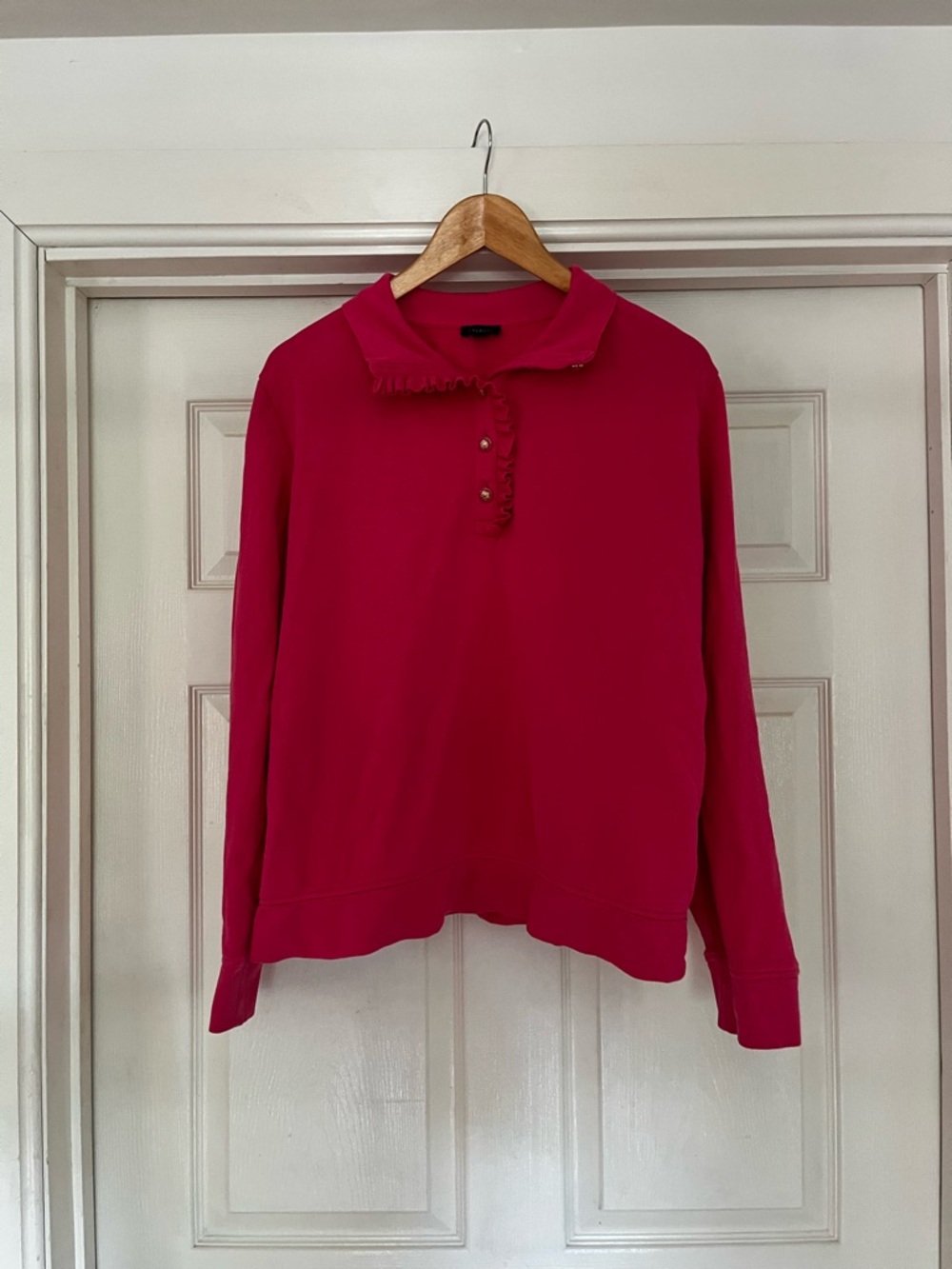 Talbots Ruffled Placket Long-Sleeve Polo in Bright Pink